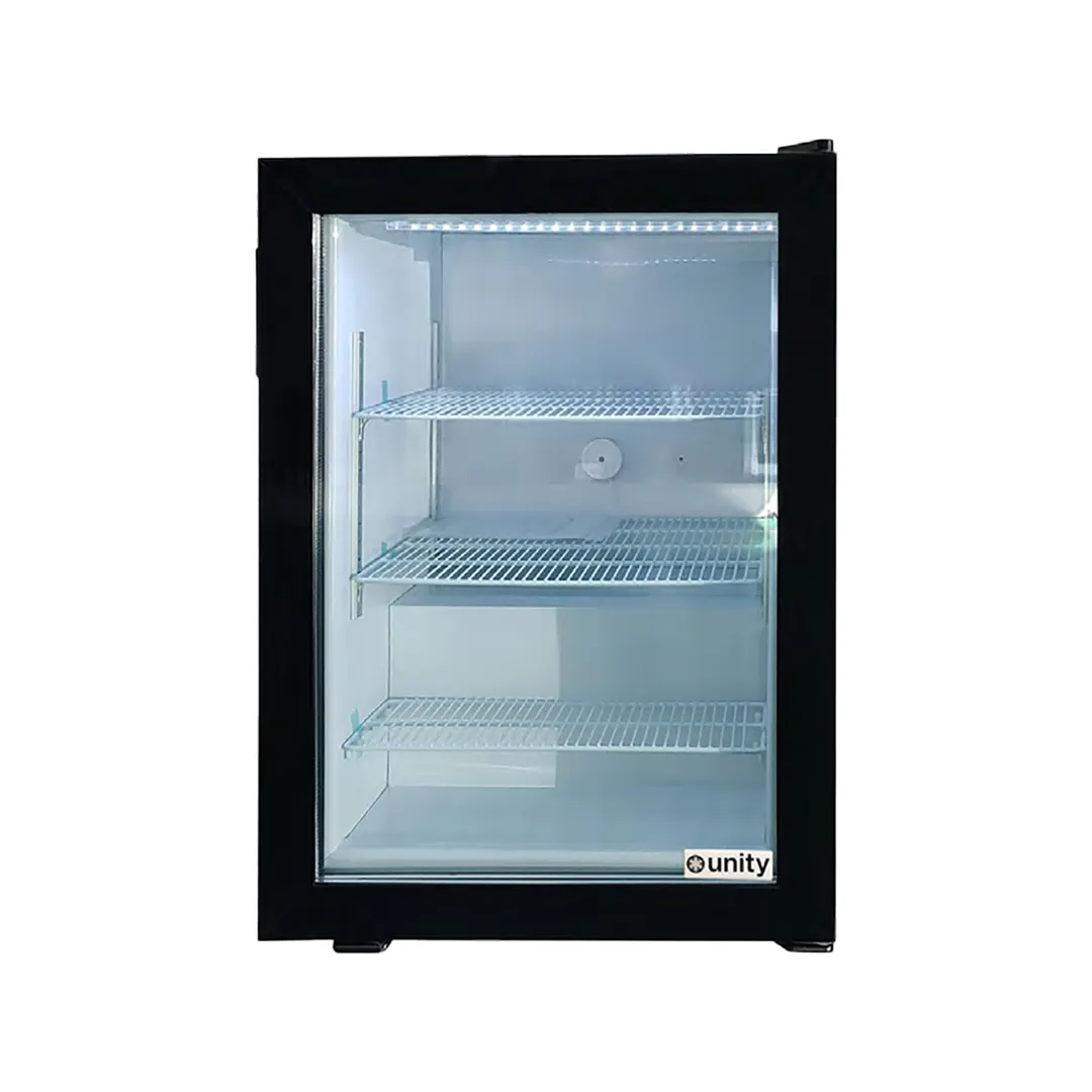 Unity U-CF3 Countertop Glass Door Freezer, 3.5 cu ft, Black Steel, Triple Swing Door, LED, R290