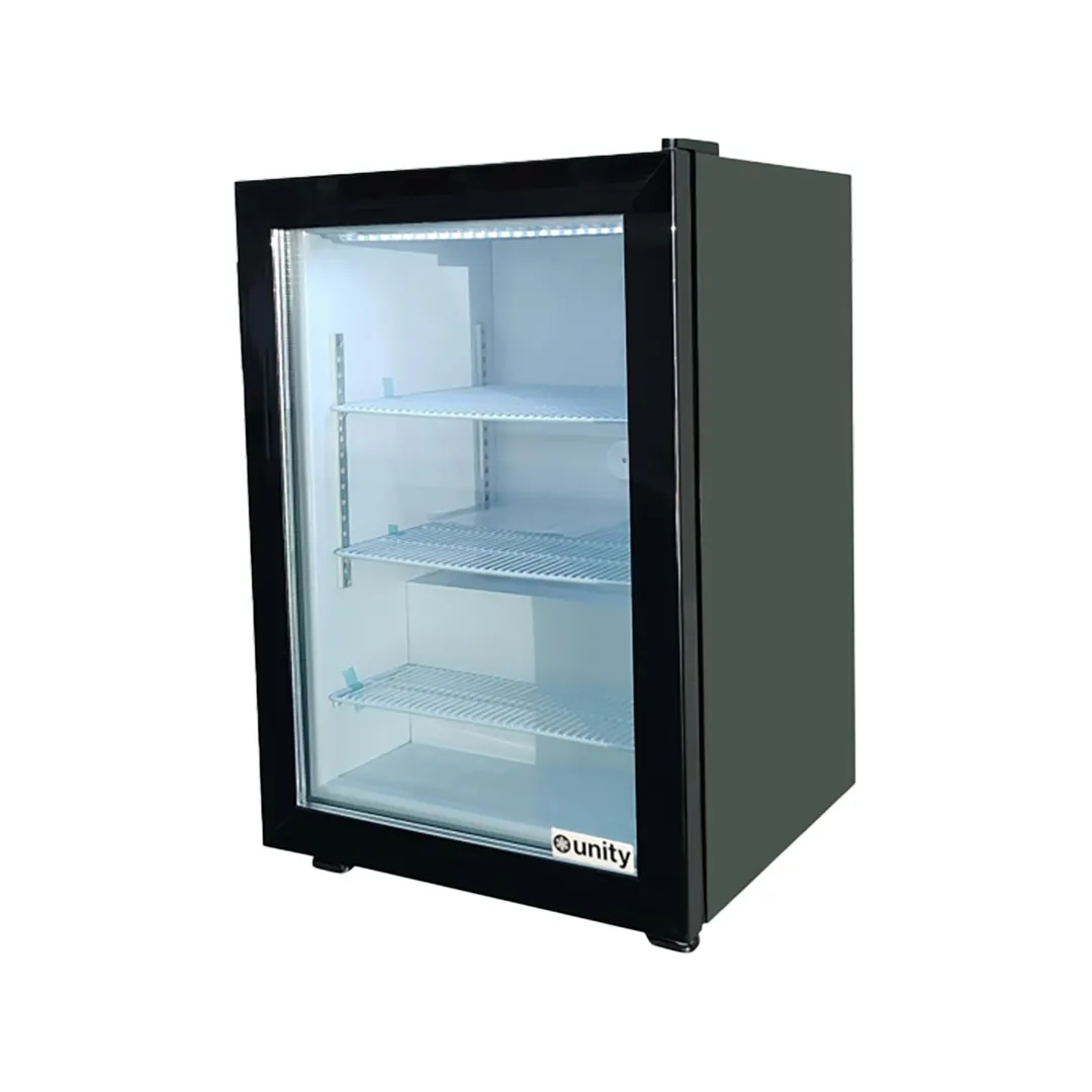 Unity U-CF3 Countertop Glass Door Freezer, 3.5 cu ft, Black Steel, Triple Swing Door, LED, R290