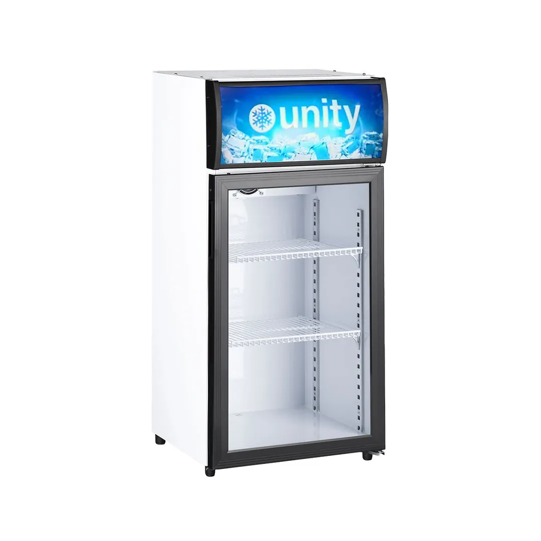 Unity U-CR2 16" Countertop Glass Door Refrigerator, 2 cu ft, White Steel, Shelves, Eco R600
