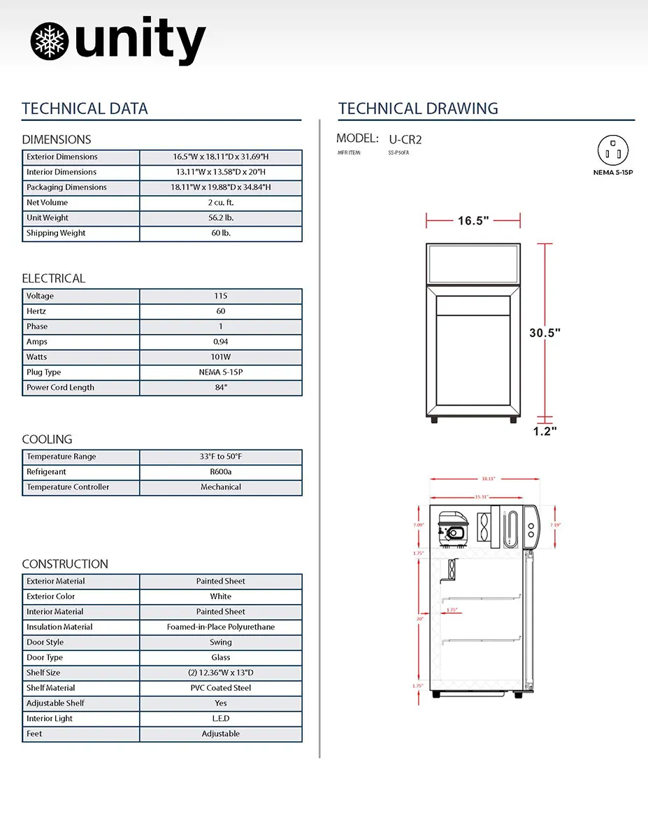 Unity U-CR2 16" Countertop Glass Door Refrigerator, 2 cu ft, White Steel, Shelves, Eco R600