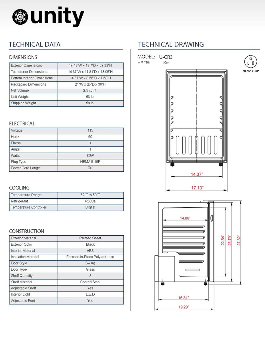 Unity U-CR3 17" Refrigerator, 2.5 cu ft, Steel, 20" Depth, Shelves, R600 Refrigerant, 110V Plug‑Play