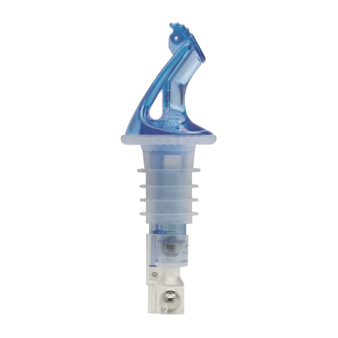 Winco BMP-4150B Bar Maid Pourer, 1-1/2 oz, Blue Plastic Spout, No Collar, Flip Top - 12/Pack