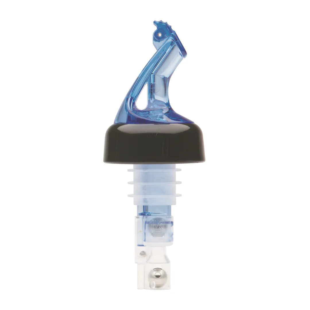 Winco BMP-5100B Bar Maid 1 oz Liquor Pourer, Blue Plastic Spout, Black Collar, Flip-Top - 12/Pack