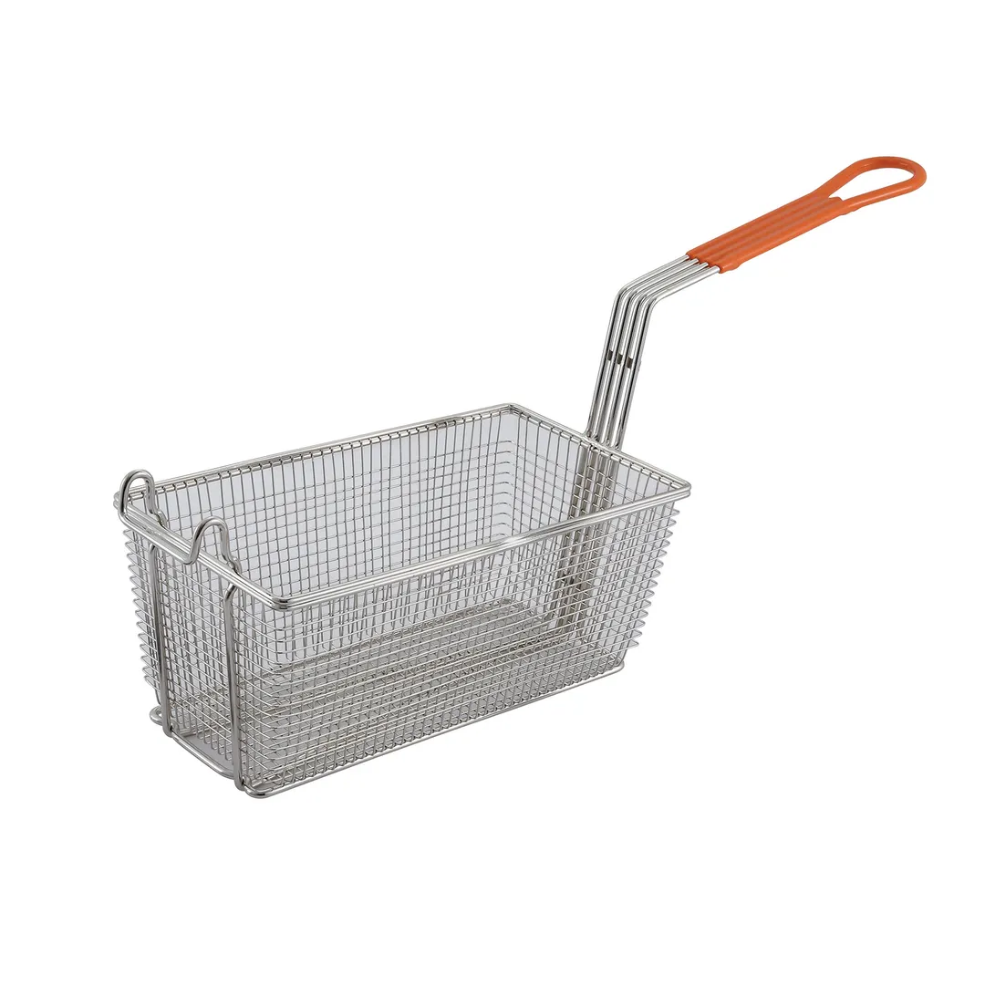 Winco FB-10 Nickel Plated Rectangular Fry Basket w/ Orange Handle