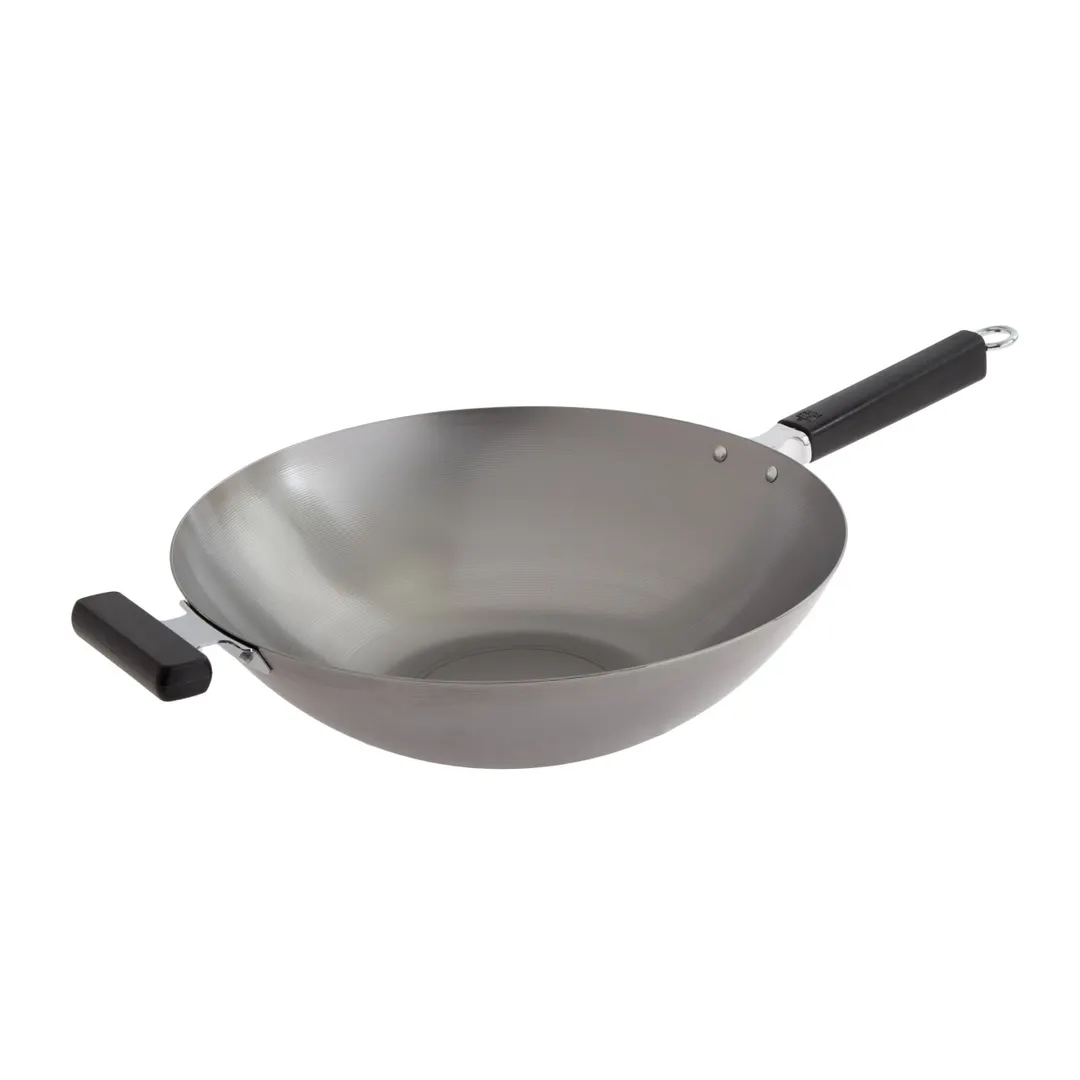 Winco J22-0060 Joyce Chen Uncoated Carbon Steel Flat Bottom Wok with Phenolic Handles, 14"