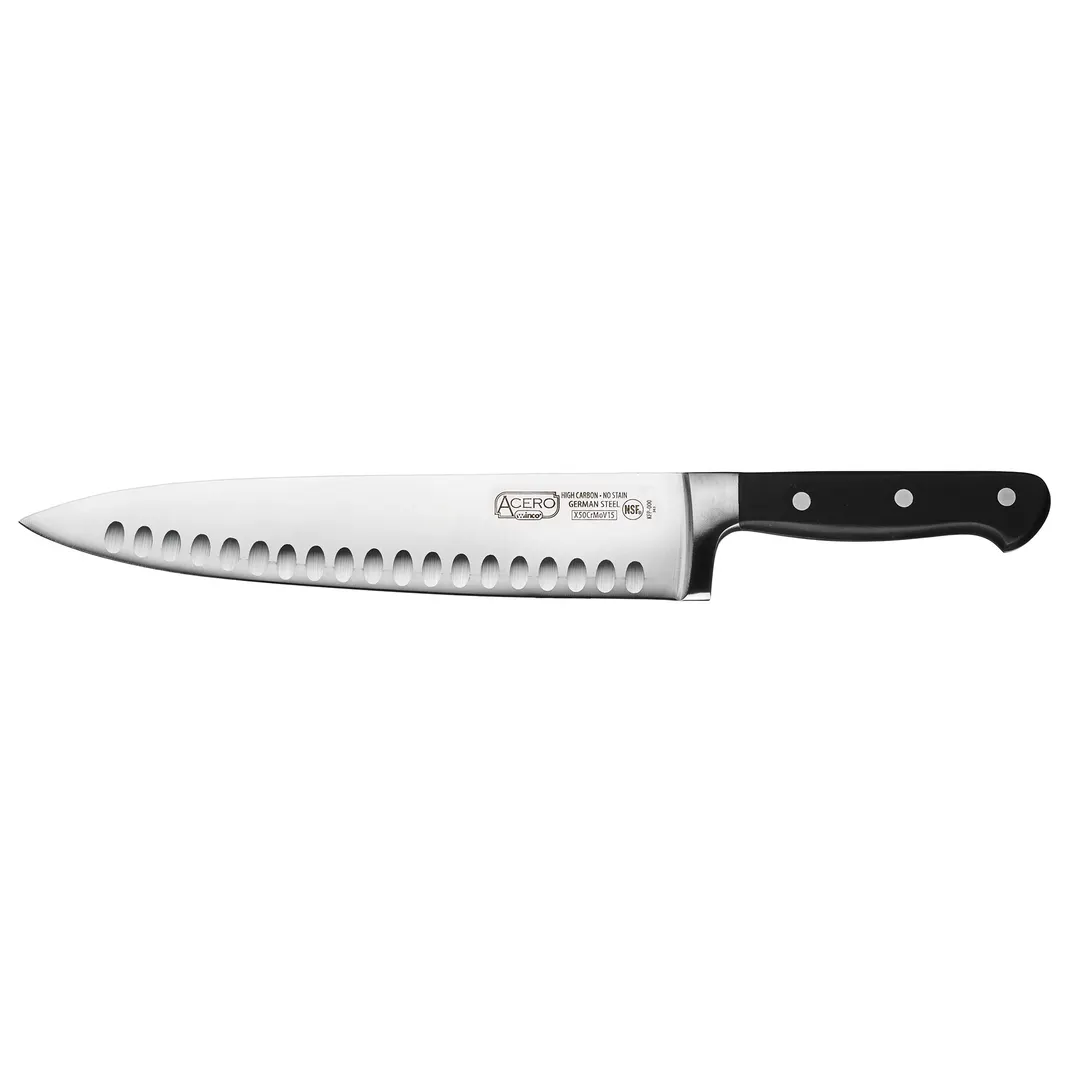 Winco KFP-103 Acero 10" Hollow Ground Chef's Knife, Forged Carbon German Steel