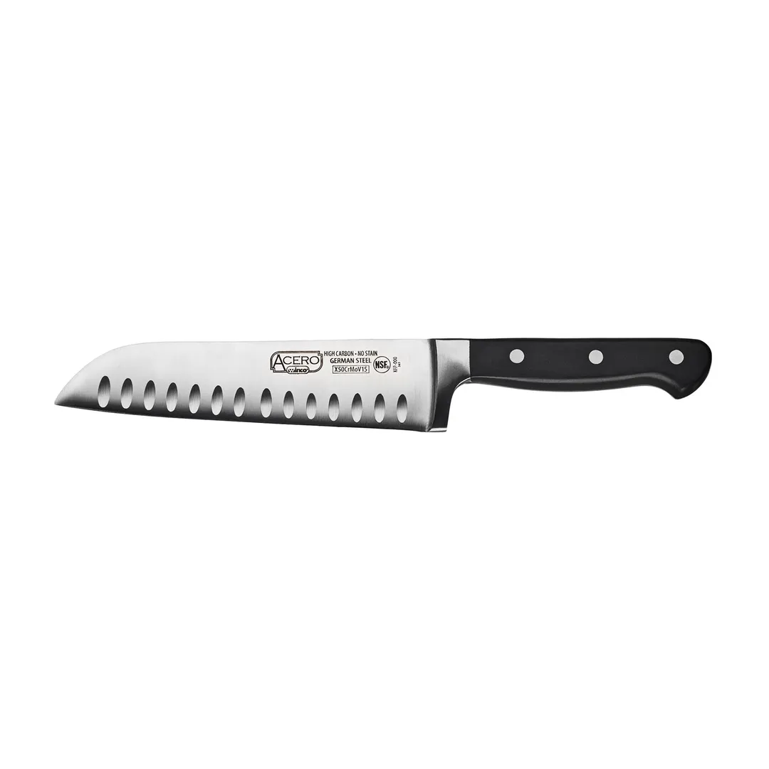 Winco KFP-70 Acero Santoku Knife w/ High Carbon German Steel Blade & Black POM Handle