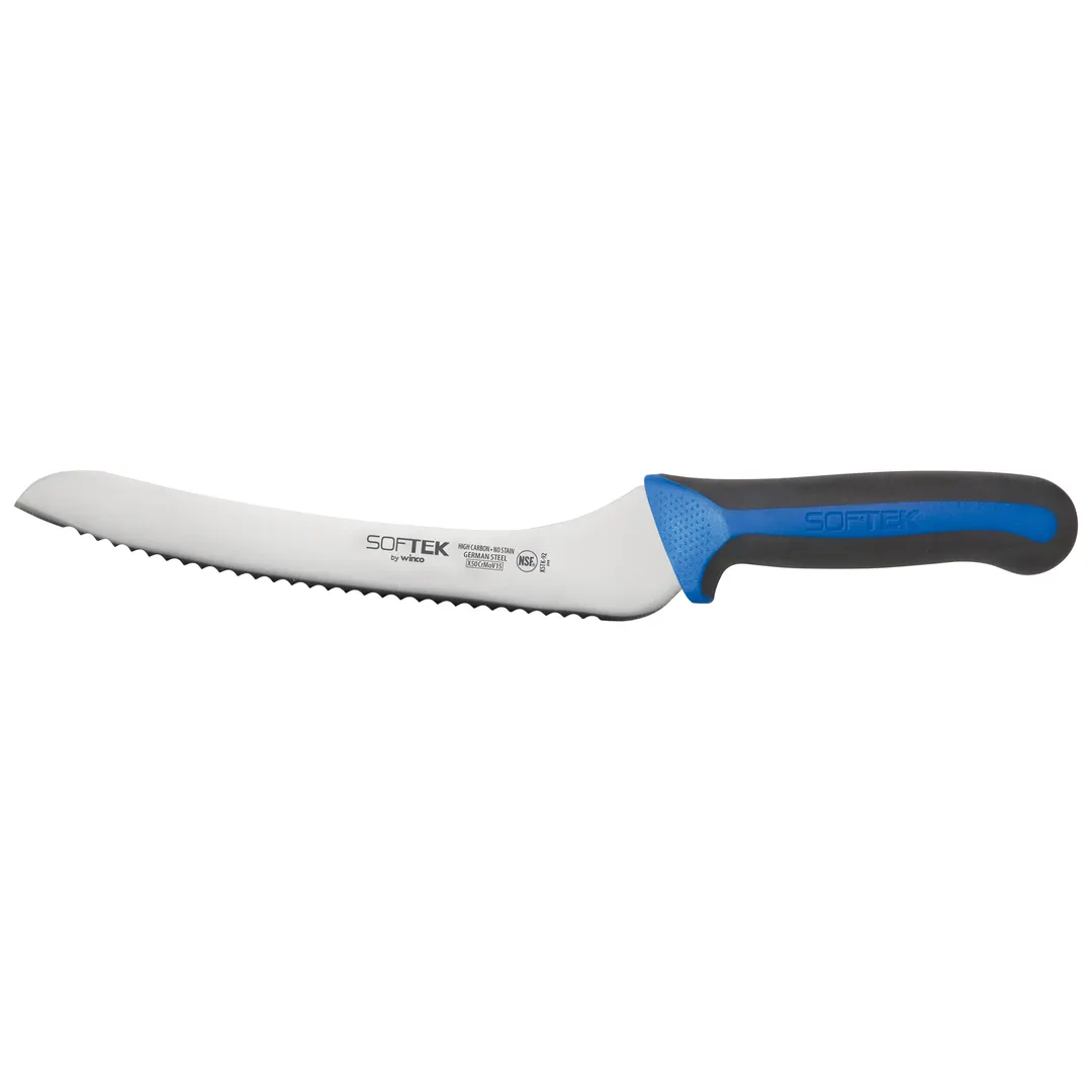 Winco KSTK-92 Sof-Tek 9" Offset Bread / Utility Knife w/ Blue TPR Handle