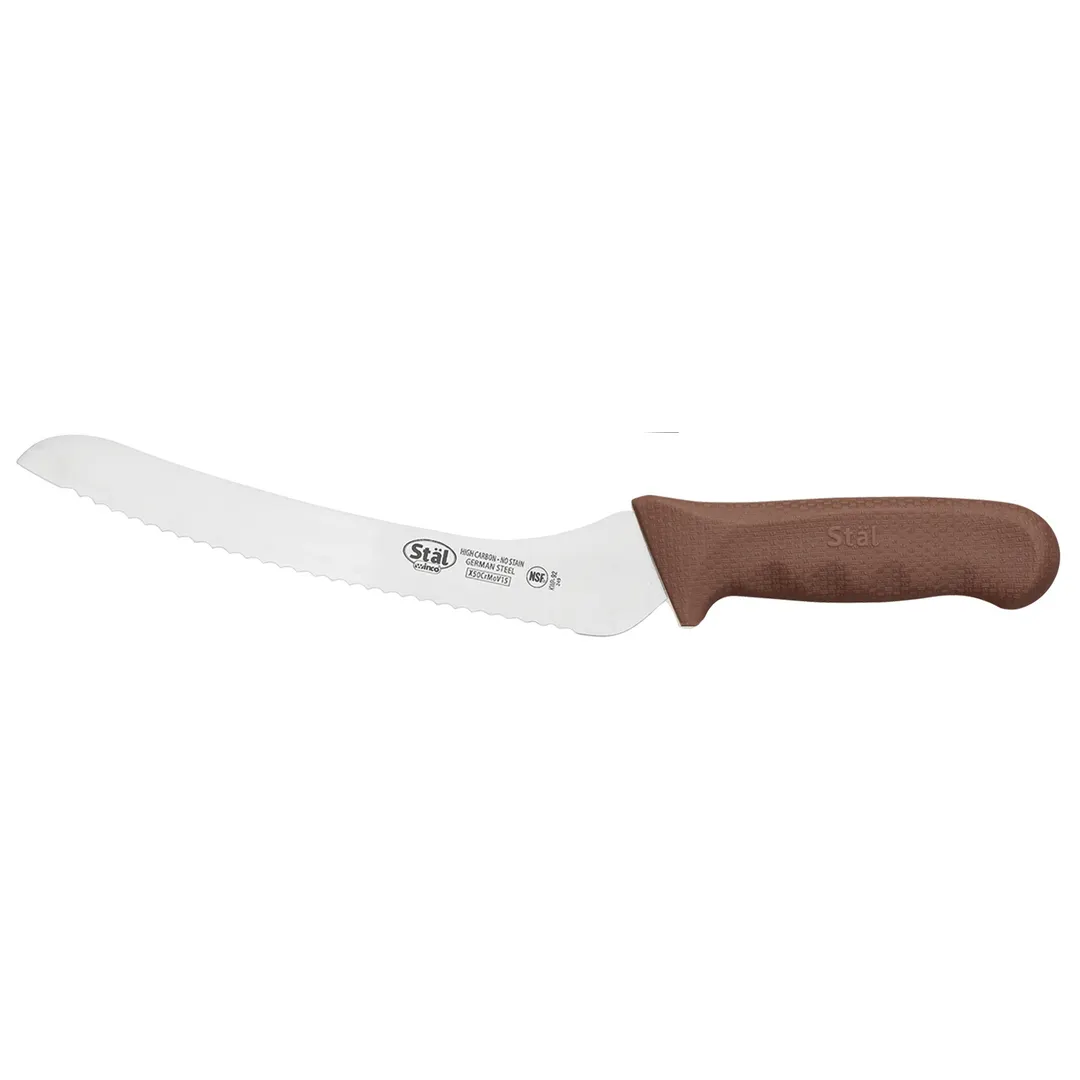 Winco KWP-92N 9" Stäl Stainless Steel Offset Serrated Bread Knife w/ Brown Handle