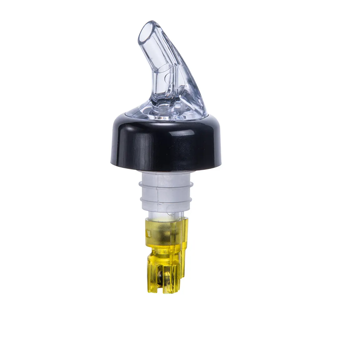 Winco PPA-150 Pourer, 1-1/2 oz, Plastic, Black Collar, Clear Spout, Yellow Tail, Bearings - 1 Dozen