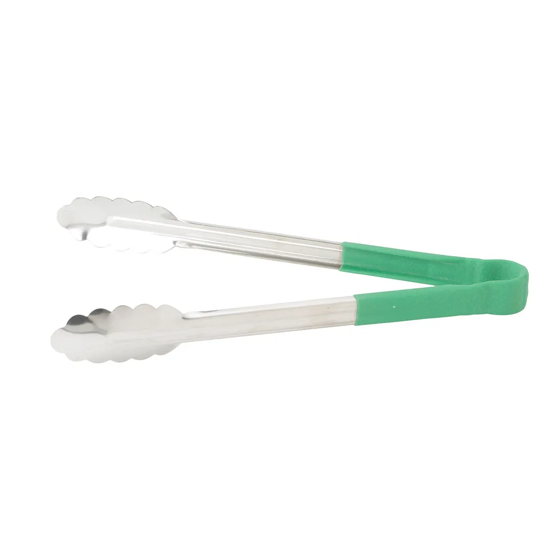 Winco UT-12HP-G 12" Stainless Steel Utility Tongs w/ Plastic Handle, Green