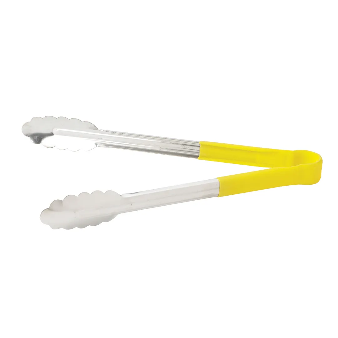 Winco UT-12HP-Y 12" Stainless Steel Utility Tongs w/ Plastic Handle, Yellow