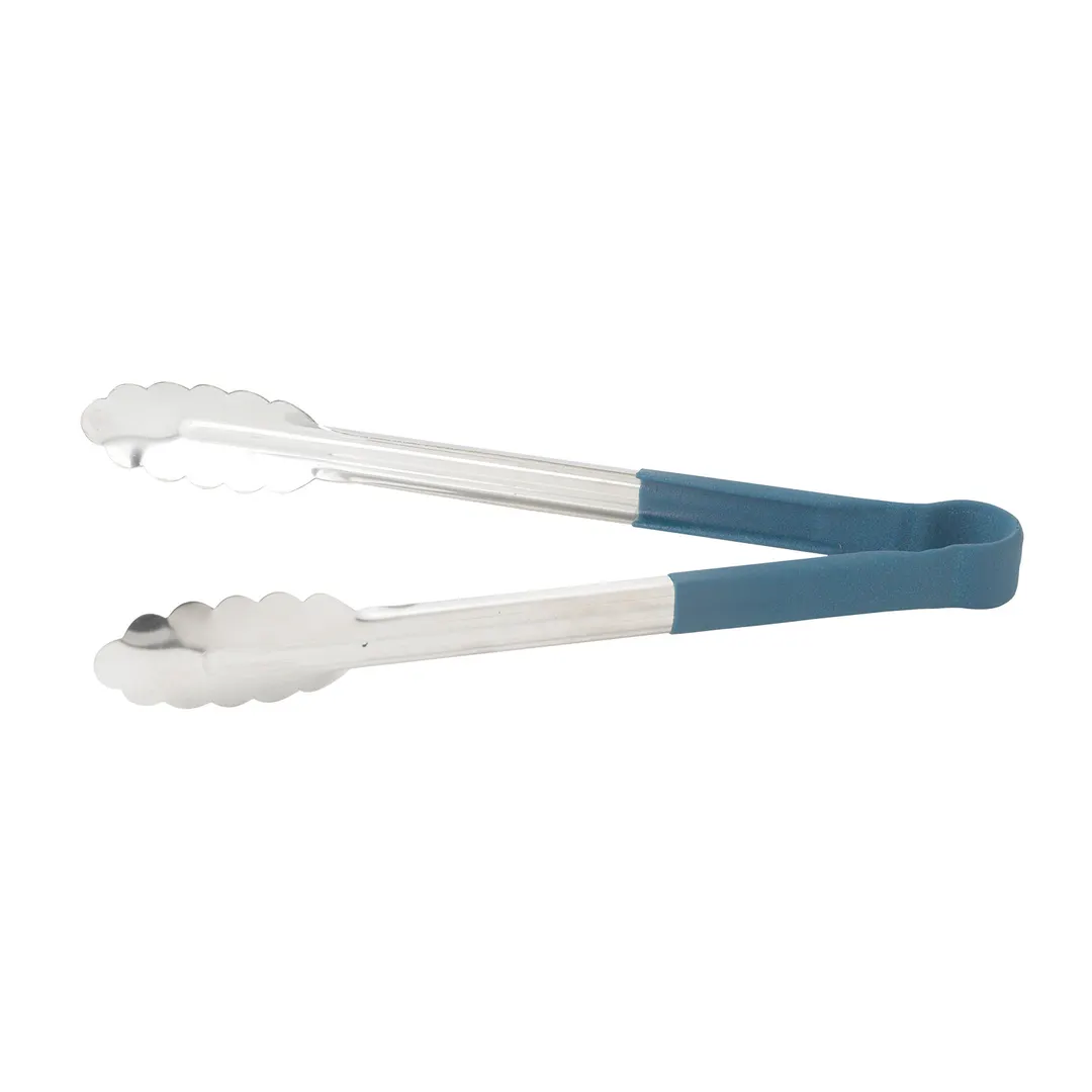 Winco UT-9HP-B Utility Tongs, 9", For Cold Food Service, Scalloped Edge, Blue