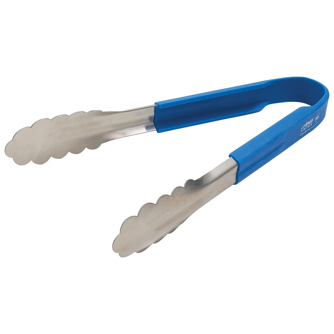 Winco UTSH-9B Utility Tongs, 9", Blue Silicone Handle, Stainless Steel, Prime