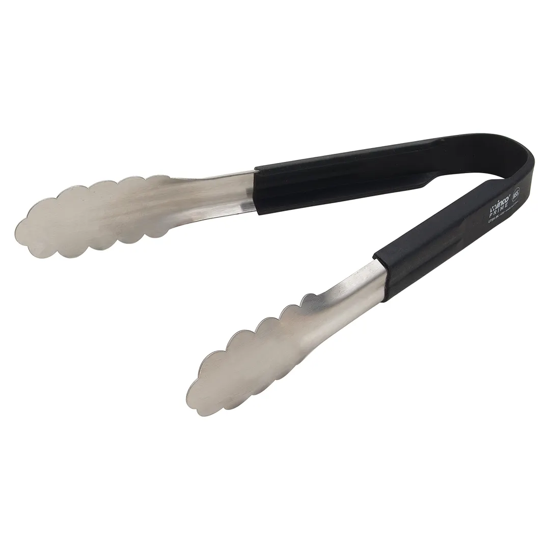 Winco UTSH-9K Utility Tongs, 9", Black Silicone Handle, Stainless Steel, Prime