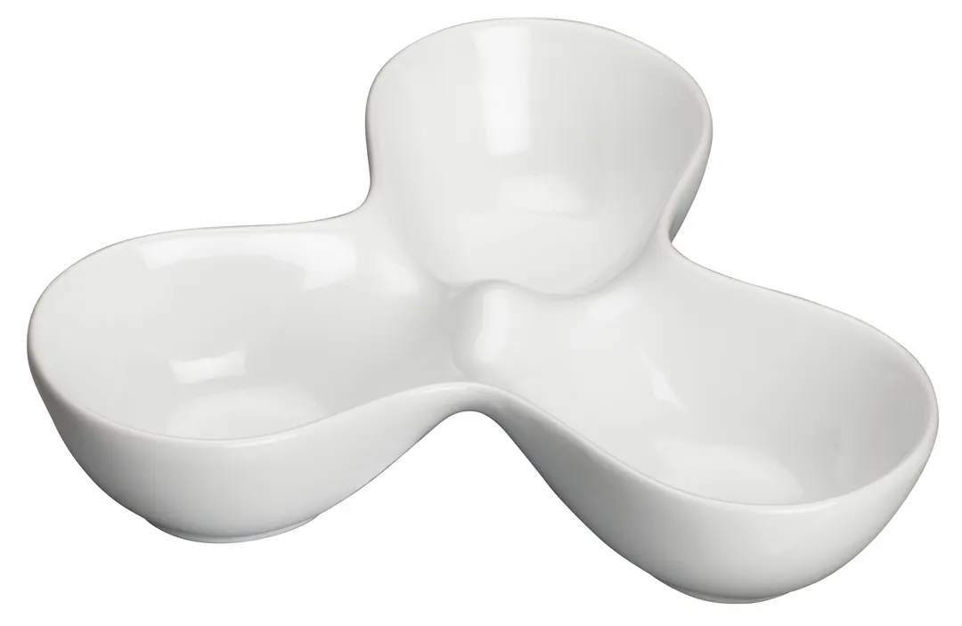 Winco WDP017-103 Trio Caddy Bowl, 10 oz, 7-3/4" x 5", 3 x 3.3 oz comp., white porcelain - 24/Case