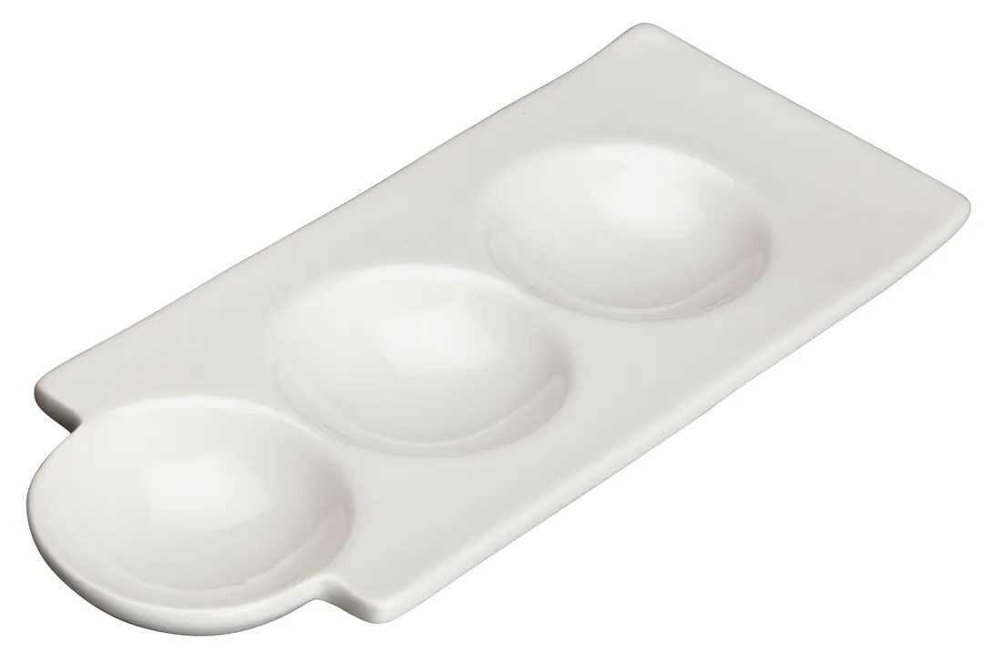 Winco WDP017-107 9-1/2" x 2-3/4" Porcelain Trio Dish, 3 oz + 3 1 oz compartments, White - 36/Case