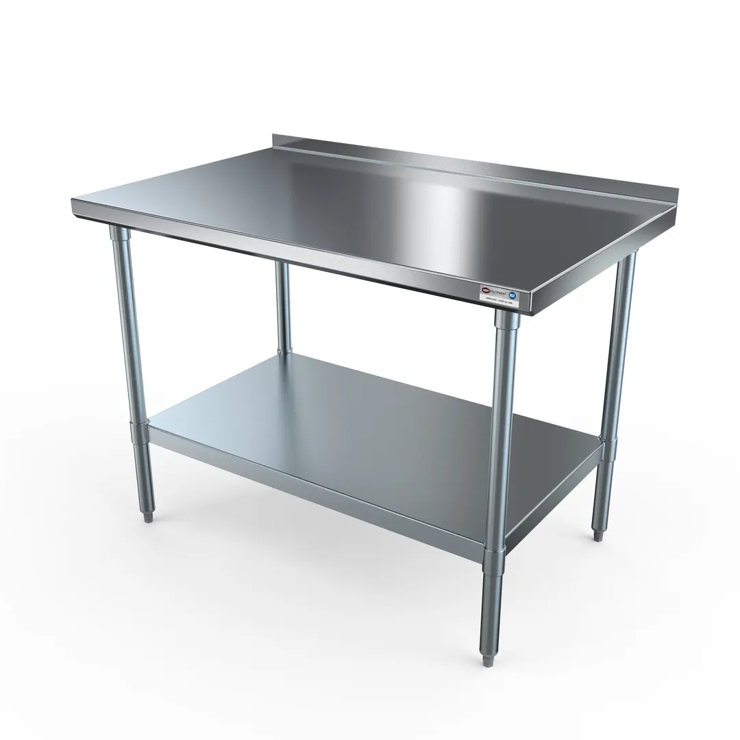 NBR Equipment TG-4818R 48" Open Base Work Table with Undershelf, 1-1/2" Backsplash / 18 Gauge Top
