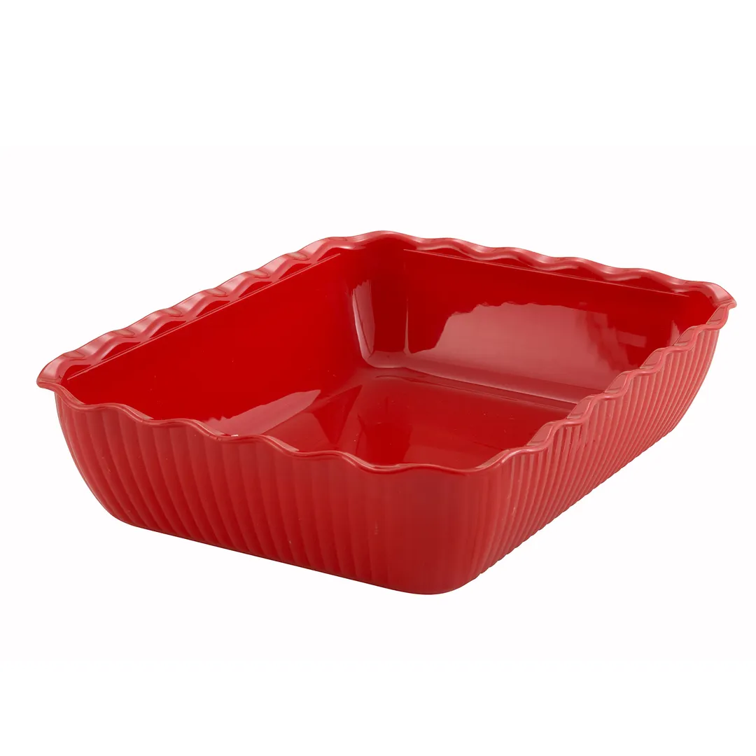 Winco CRK-13R 10 lb. Red Tulip Deli Crock, 13" X 10" X 3", Rectangular, SAN, Red