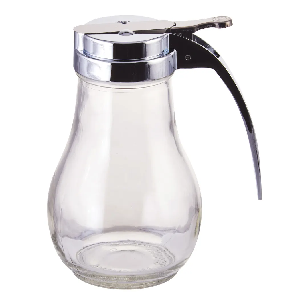 Winco G-116 Syrup Dispenser, 14 oz Glass Jar, Chrome-Plated Metal Thumb-Operated Top - 1 Dozen