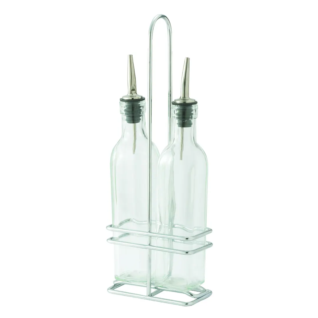 Winco GOB-8S Oil & Vinegar Cruet Set, 2 x 8 oz Glass Bottles with Lids, Chrome‑Plated Rack