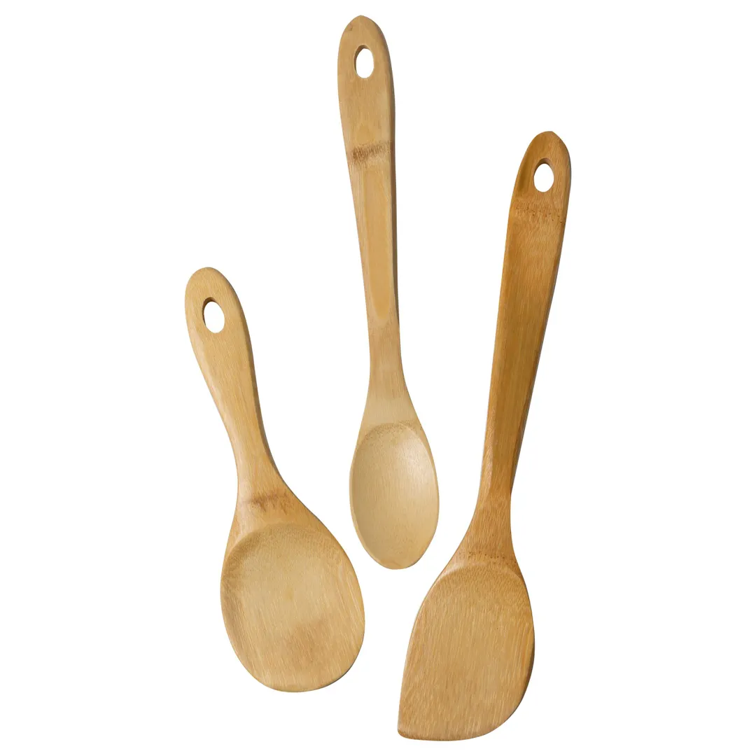 Winco J33-2018 Burnished Bamboo Wok Utensils, 3‑Piece Stir‑Fry Set, Natural Finish, Joyce Chen