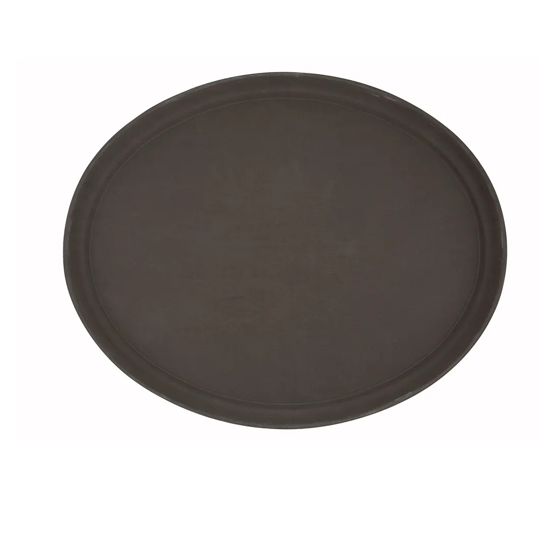 Winco TRH-2722 Easy‑Hold Oval Serving Tray, 22" x 27" Brown Plastic with Rubber Lined Non‑Slip Surface, NSF Certified