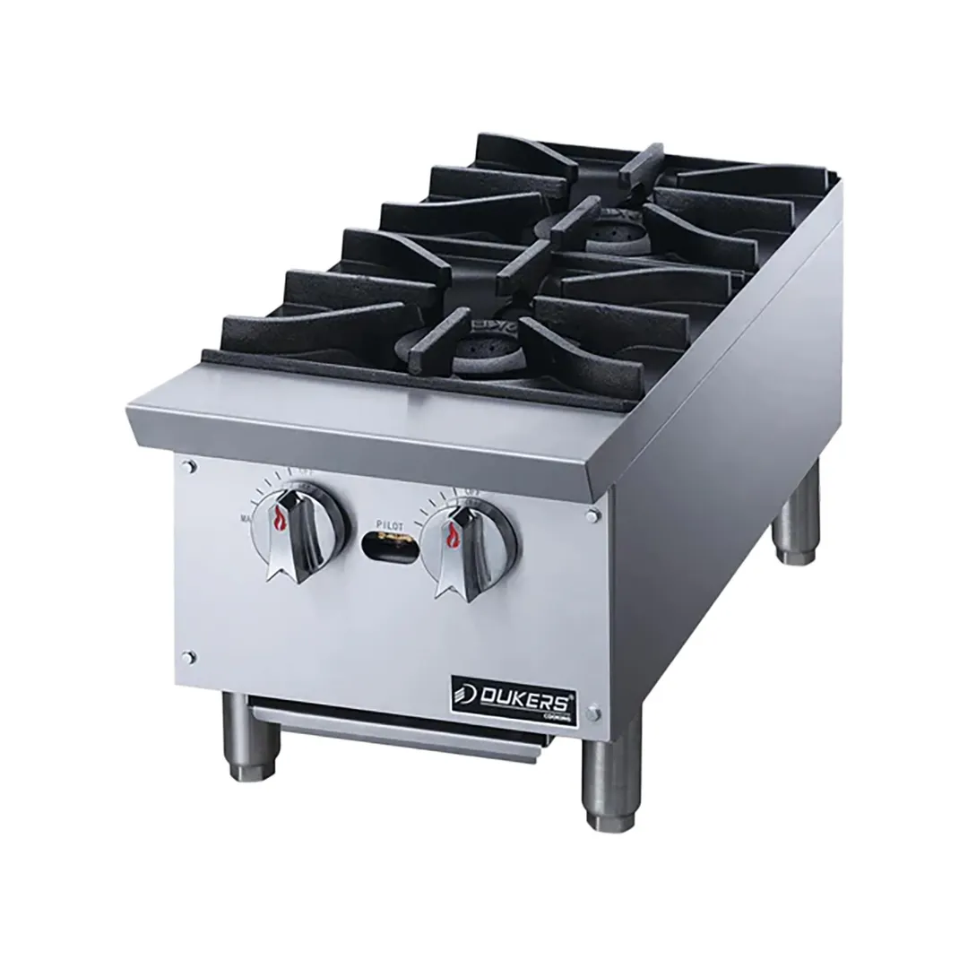 Dukers DCHPA12 12" Countertop Gas Hotplate with (2) Burners, Manual Controls, 56.000 BTU