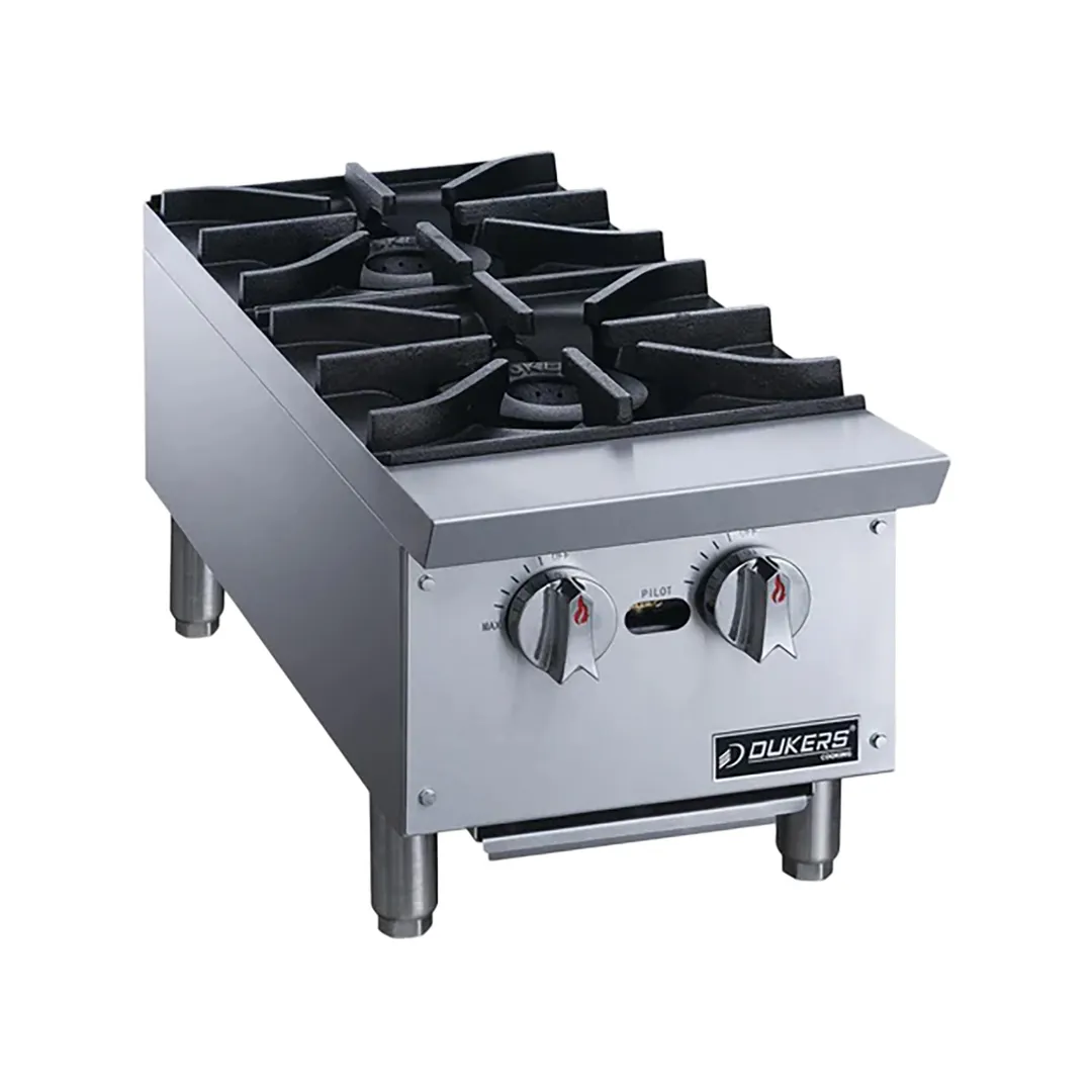 Dukers DCHPA12 12" Countertop Gas Hotplate with (2) Burners, Manual Controls, 56.000 BTU