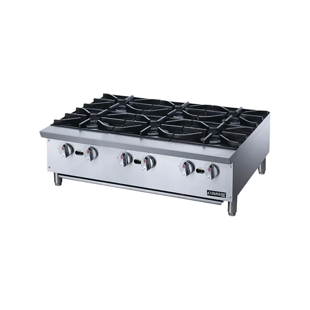 Dukers DCHPA36 36" Countertop Gas Hotplate with (6) Burners, Manual Controls, 168.000 BTU