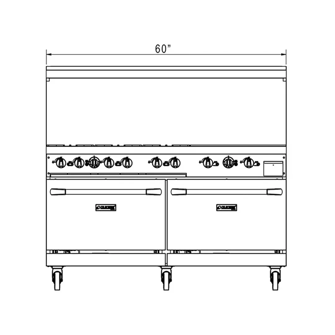 Dukers Appliance Co DCR60-6B24GM 60" Gas Restaurant Range, 6 Open Burners, 24" Griddle, (2) Standard Ovens, 324.000 BTU 
