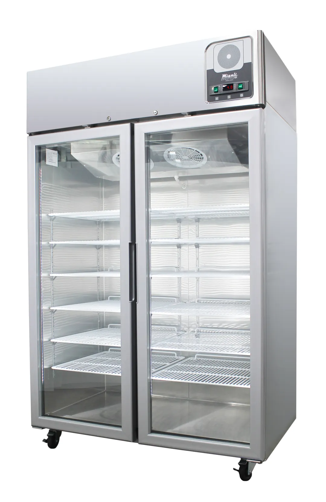 Migali G-2RG-HC 51" Glass Door Medical Refrigerator, 44.9 Cu Ft, R290, 10 Shelves, 4 Casters, 115V