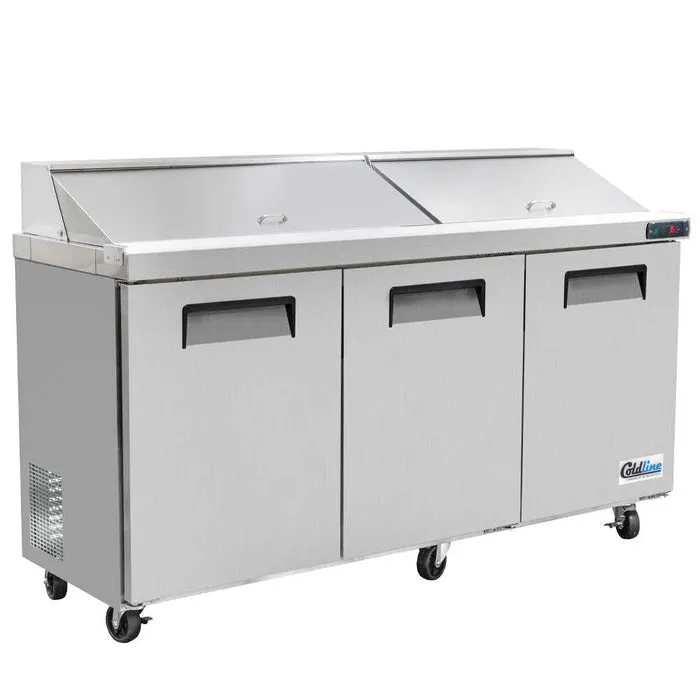 Coldline SPN-72 72" 3-Door Refrigerated Sandwich and Salad Prep Table, 18 Pans, Stainless Steel
