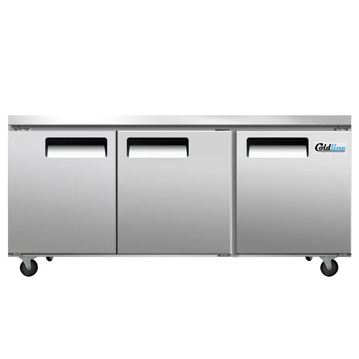 Coldline UC-72RT 72" 3 Solid Door Worktop Refrigerator, Self-Contained, 19 cu. ft.