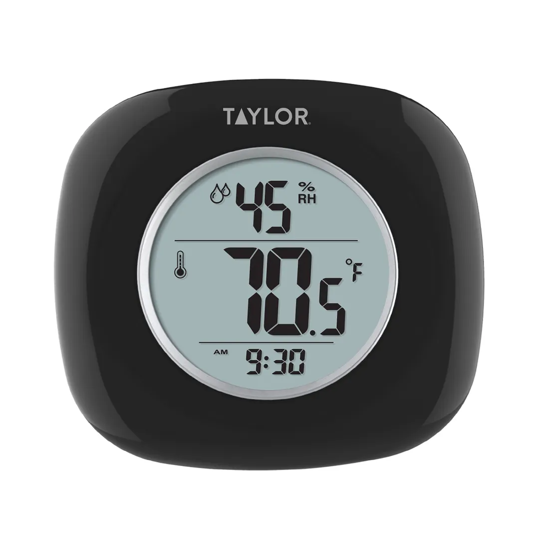 Taylor Precision 1745BK Thermometer/Hygrometer, Black, 14°F‑122°F Temp, 20%‑90% Humidity, Clock