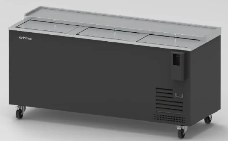 Infrico USA IMD-BC72 Flat Lid Bottle Cooler, 19 Cu Ft, 72"W x 26"D, Black Vinyl, Stainless, 1/4 HP