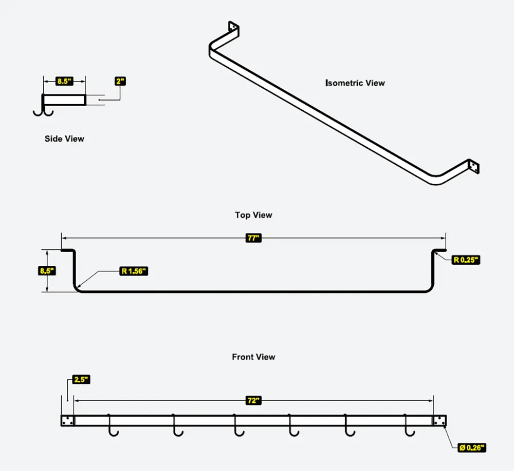 Serv-Ware SW1-72-CWP-8 Stainless Steel Wall-Mounted Pot Rack w/ 6 Double Prong Hooks