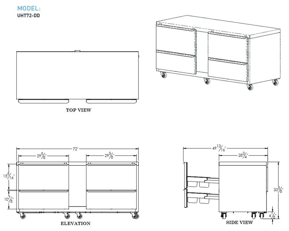 Traulsen UHT72-DD 72" 4-Drawer Undercounter Refrigerator, Stainless Steel, Front Breathing, 20.5 cu. ft.