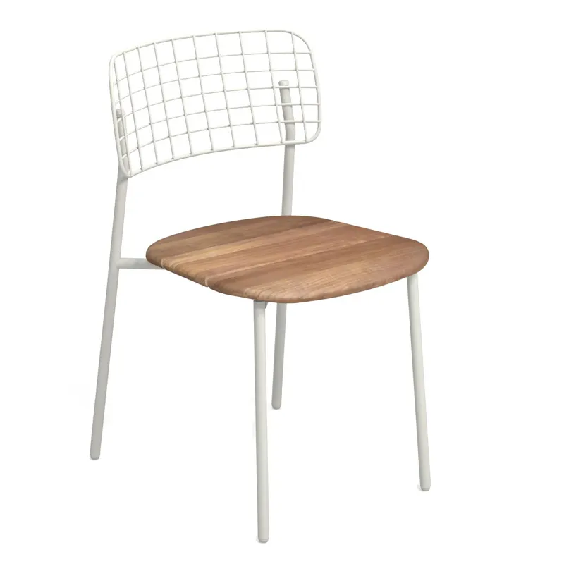 emuamericas E615T Lyze Stacking Side Chair, Outdoor/Indoor, Stainless Steel Grid Back, Teak Wood Seat, Aluminum Frame