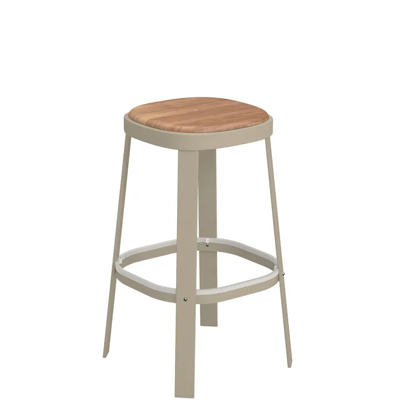 emuamericas E657T Thor Stacking Barstool, Outdoor/Indoor, Backless, Teak Seat, Tubular Steel Frame