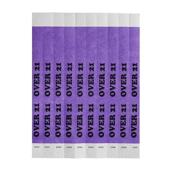 Winco WB-OVER21 - Maid Wristbands, 3/4"x9.5" Tyvek No-Tear, Seq., Over-21 Purple/Blk - 500/Pack