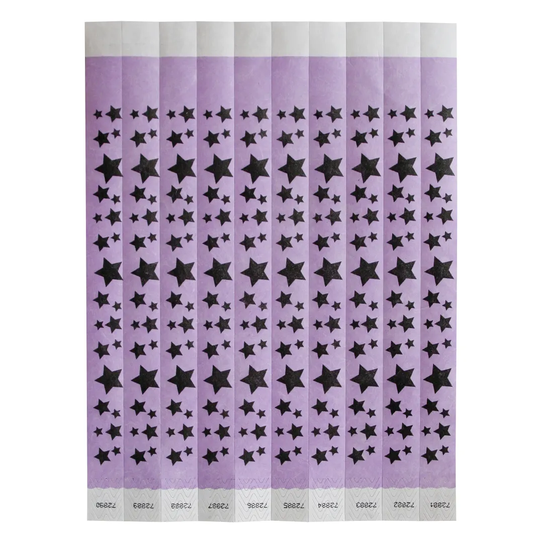 Winco WB-STARS Bar Wristbands, 3/4"W x 9.5"L Tyvek No-Tear Purple/Black Stars - 500/Pack