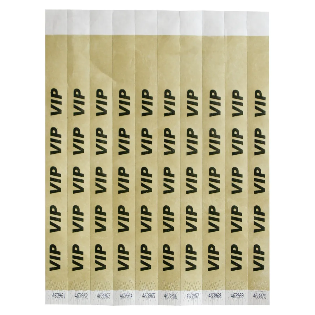 Winco WB-VIP Bar Maid Wristbands, 3/4"W x 9.5"L Tyvek No‑Tear, Gold/Black VIP, Numbered - 500/Pack