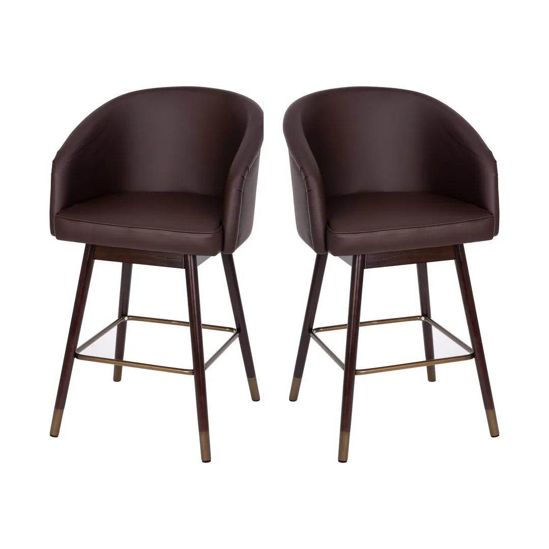 Flash Furniture 2-AY-1928-26-BR-GG Margo Counter Stool Set – 26” Seat Height, Brown Leather, Beechwood Legs