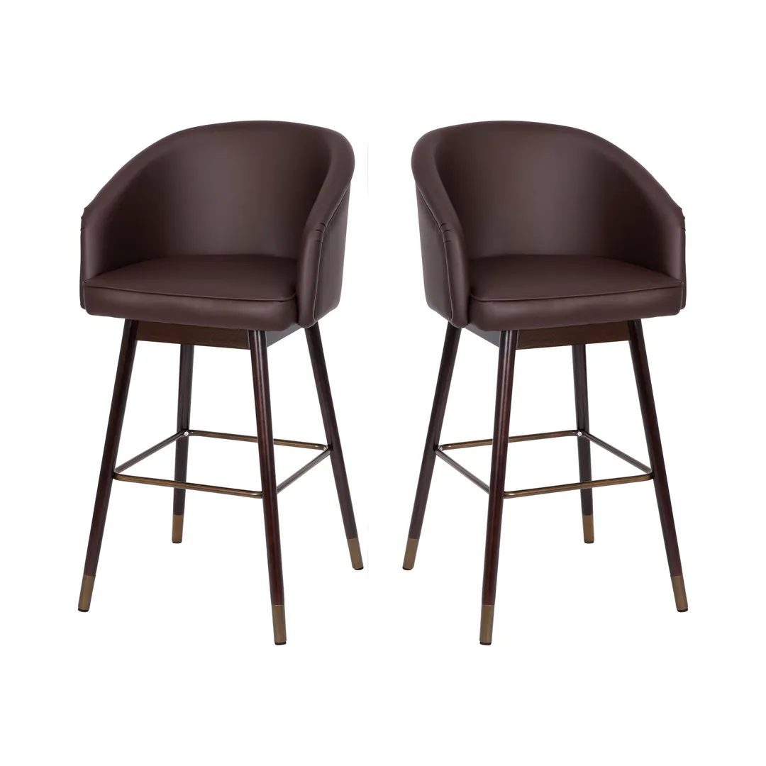 Flash Furniture 2-AY-1928-30-BR-GG Margo Bar Stool 2 – 30” Seat Height, Brown Leather, Walnut Legs, Arms