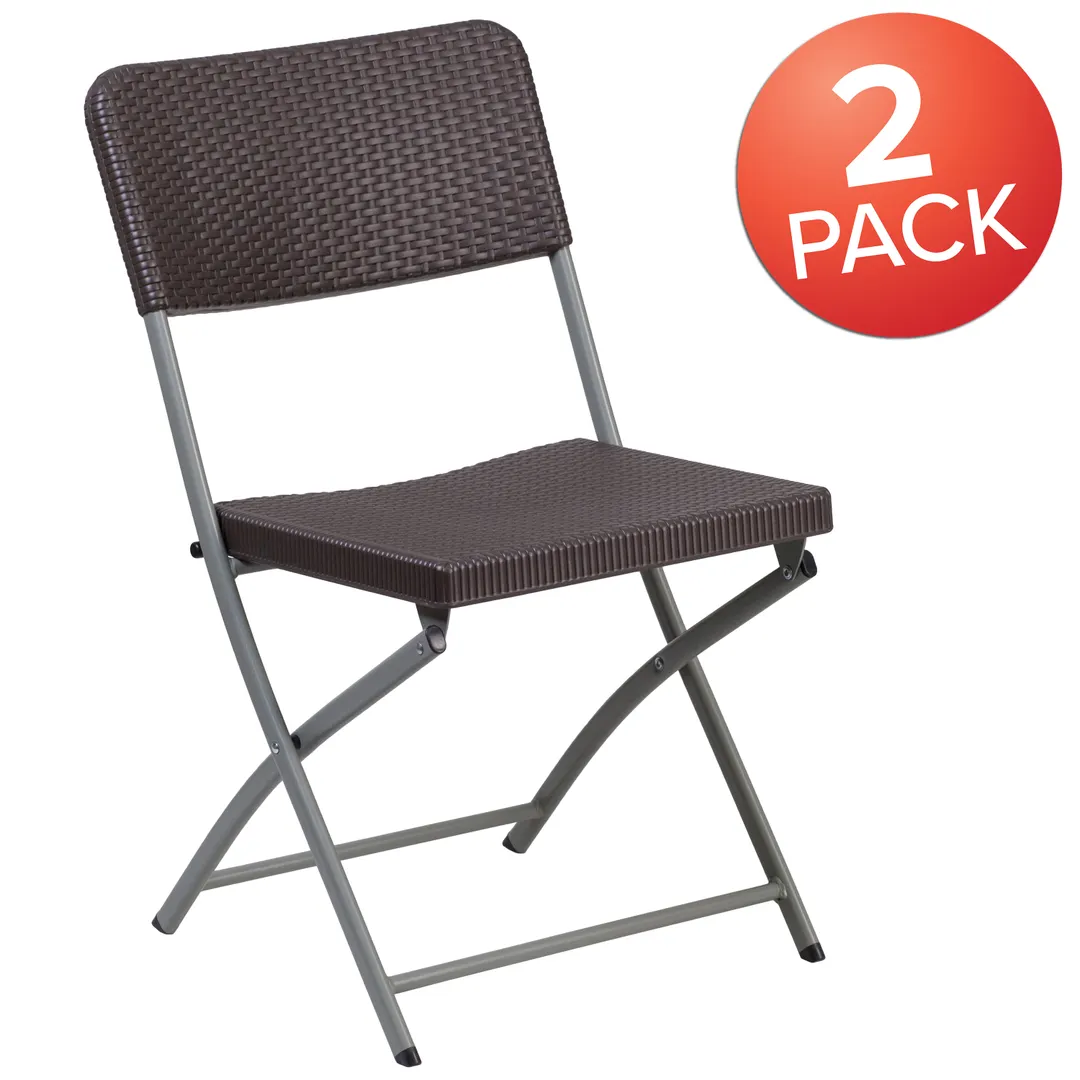 Flash Furniture 2-DAD-YCZ-61-GG Hercules Series Folding Chair, 18"W x 22-1/4"D x 31-1/4"H, Brown Rattan, Gray Steel Frame, Set of 2