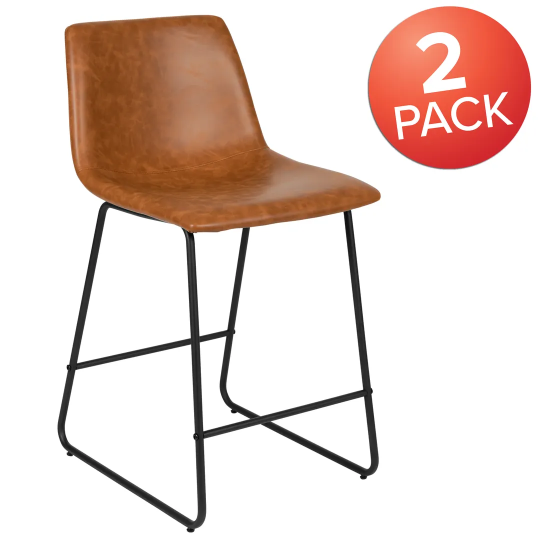 Flash Furniture 2-ET-ER18345-24-LB-GG Reagan Bar Stool Set of 2 – 300 lb, 18"W x 22"D x 35-1/2"H, Light Brown LeatherSoft Seat & Back, Metal Back