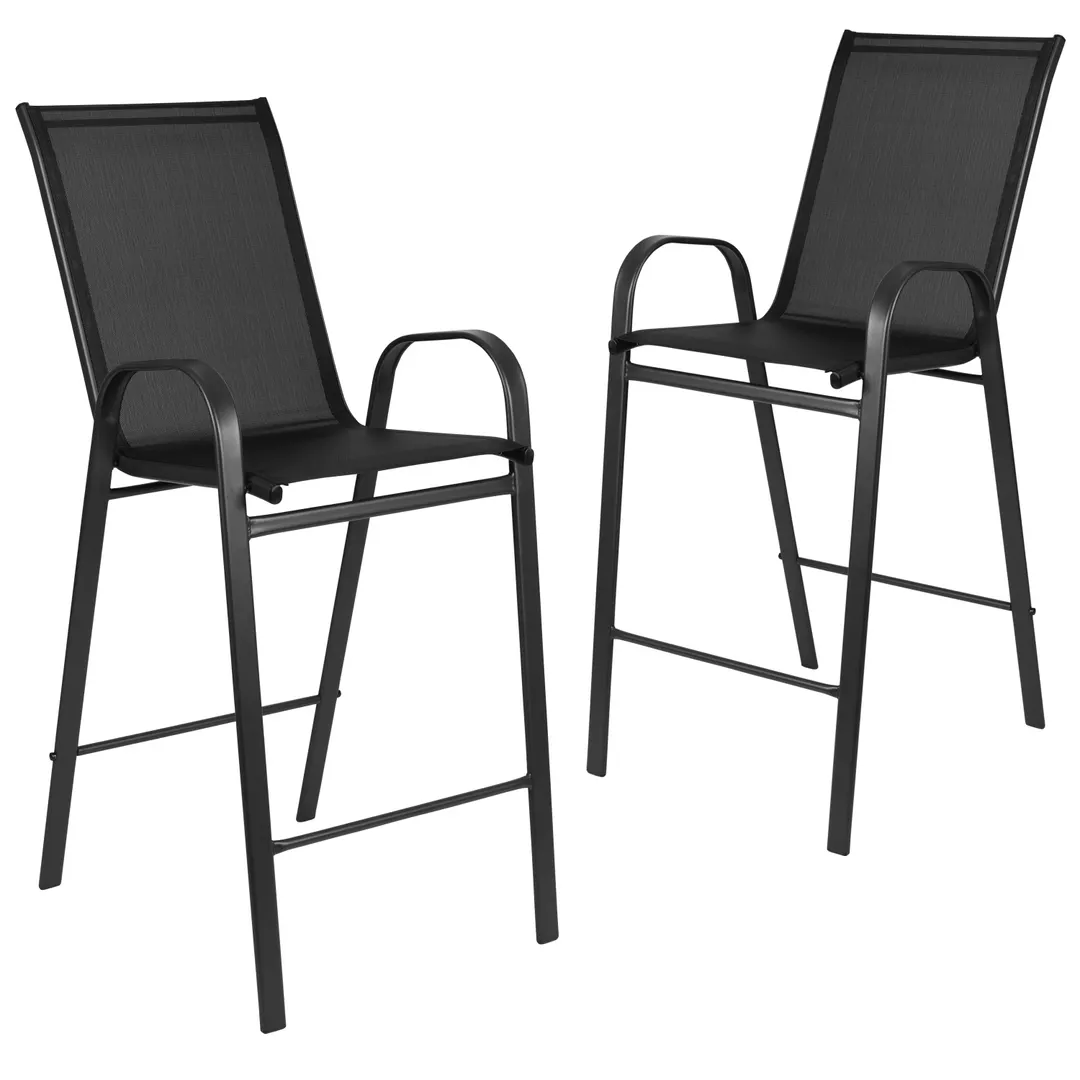 Flash Furniture 2-JJ-092H-GG Brazos Series Stacking Patio Barstool Set of 2, 352 lb, Black Metal Frame, Black Textilene Fabric