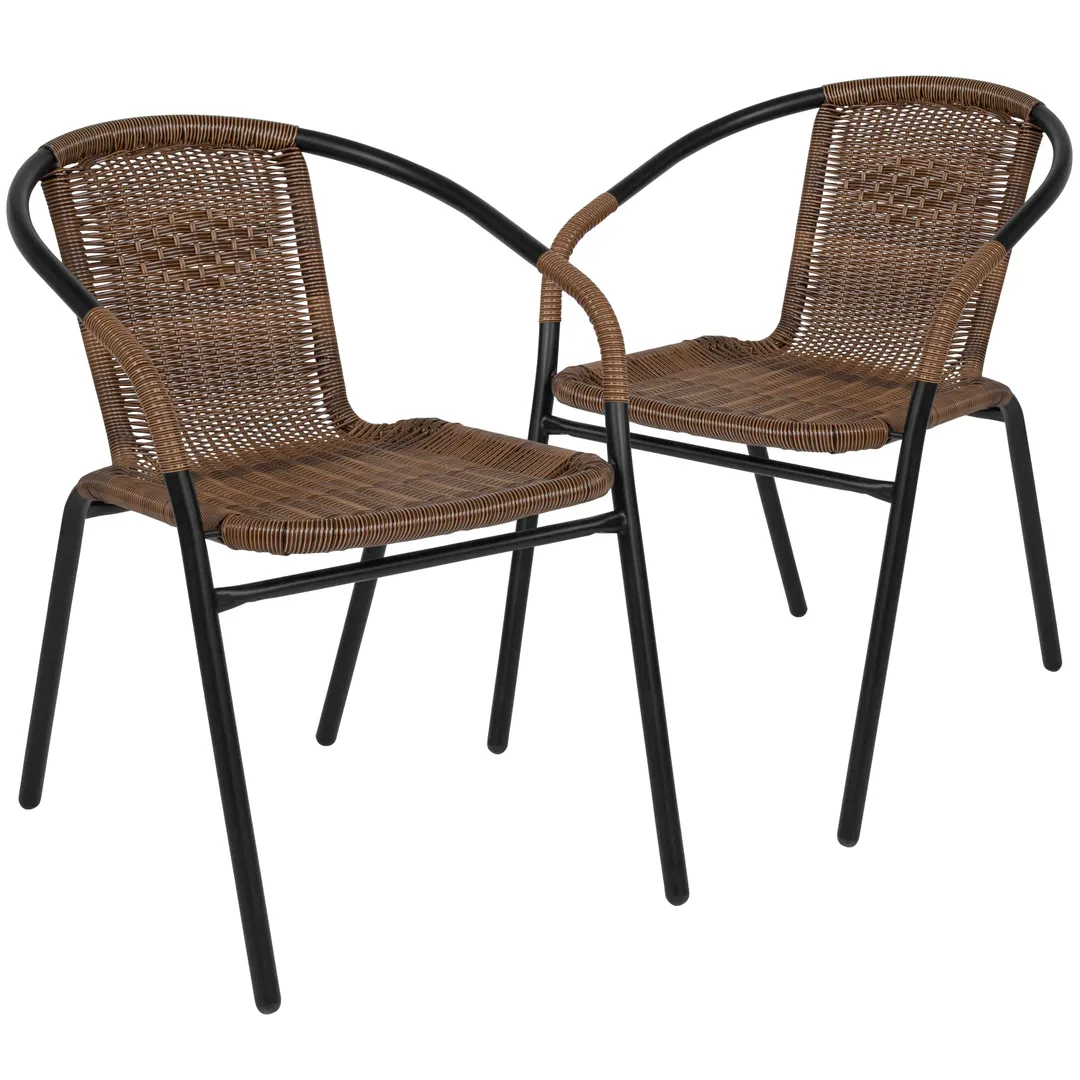 Flash Furniture 2-TLH-037-DK-BN-GG Stackable Outdoor Chair Set of 2, 352 lb Weight Capacity, Rattan Wicker Seat & Back, Powder Coated Metal Frame, Medium Brown Finish