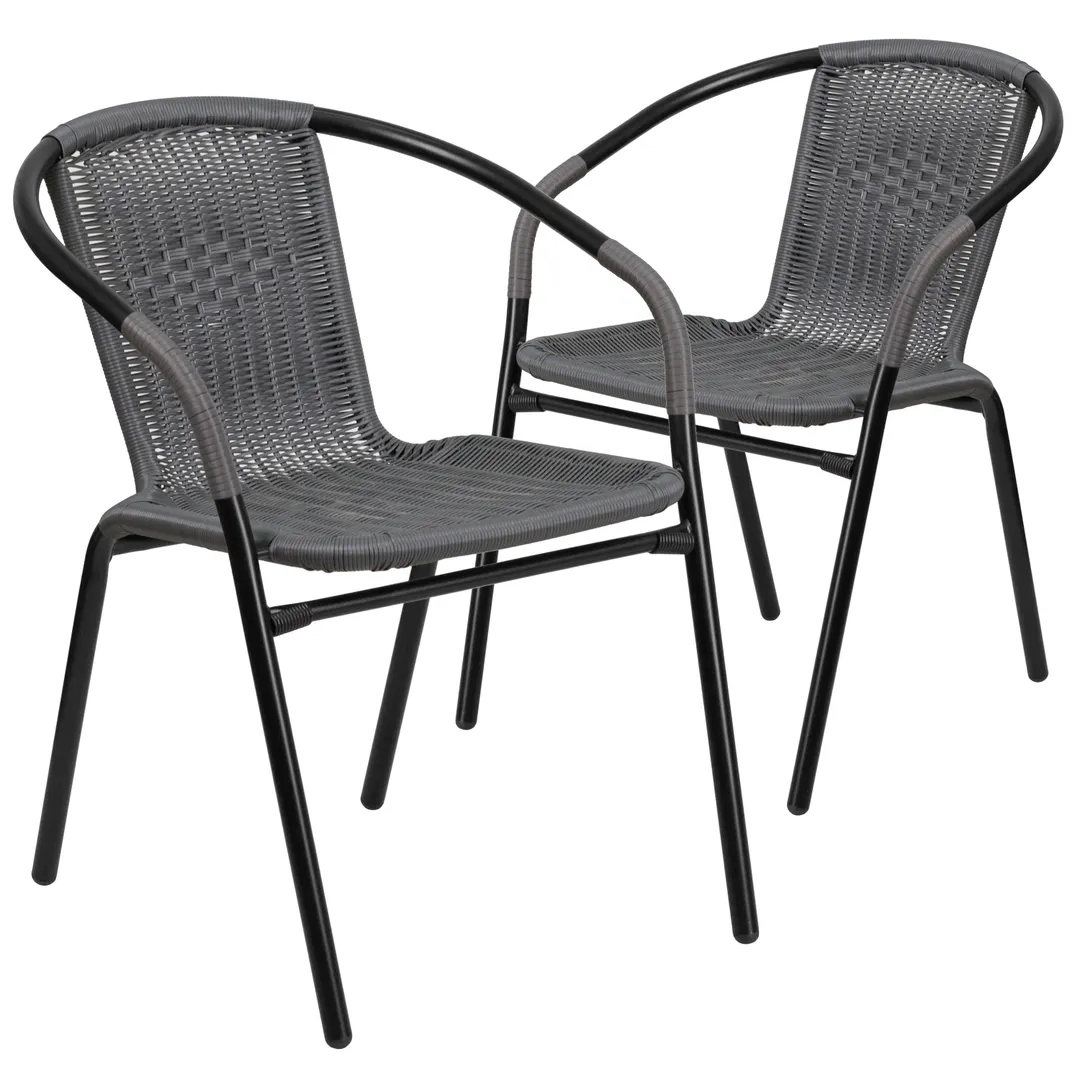 Flash Furniture 2-TLH-037-GY-GG Stack Chair, 352 lb. Capacity, Gray Rattan Wicker Seat & Back, Powder Coated Metal Frame, Set of 2